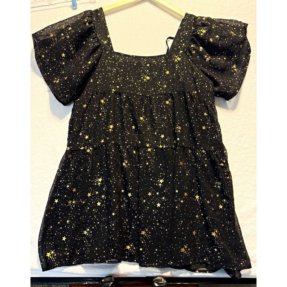 Nasty Gal Star Light Black Gold Celestial Puff Sleeve Tiered Mini Dress US 16